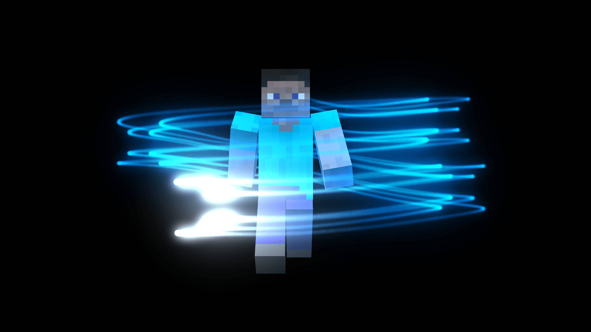 像素化Minecraft角色在黑暗中發出藍色能量軌跡的光芒