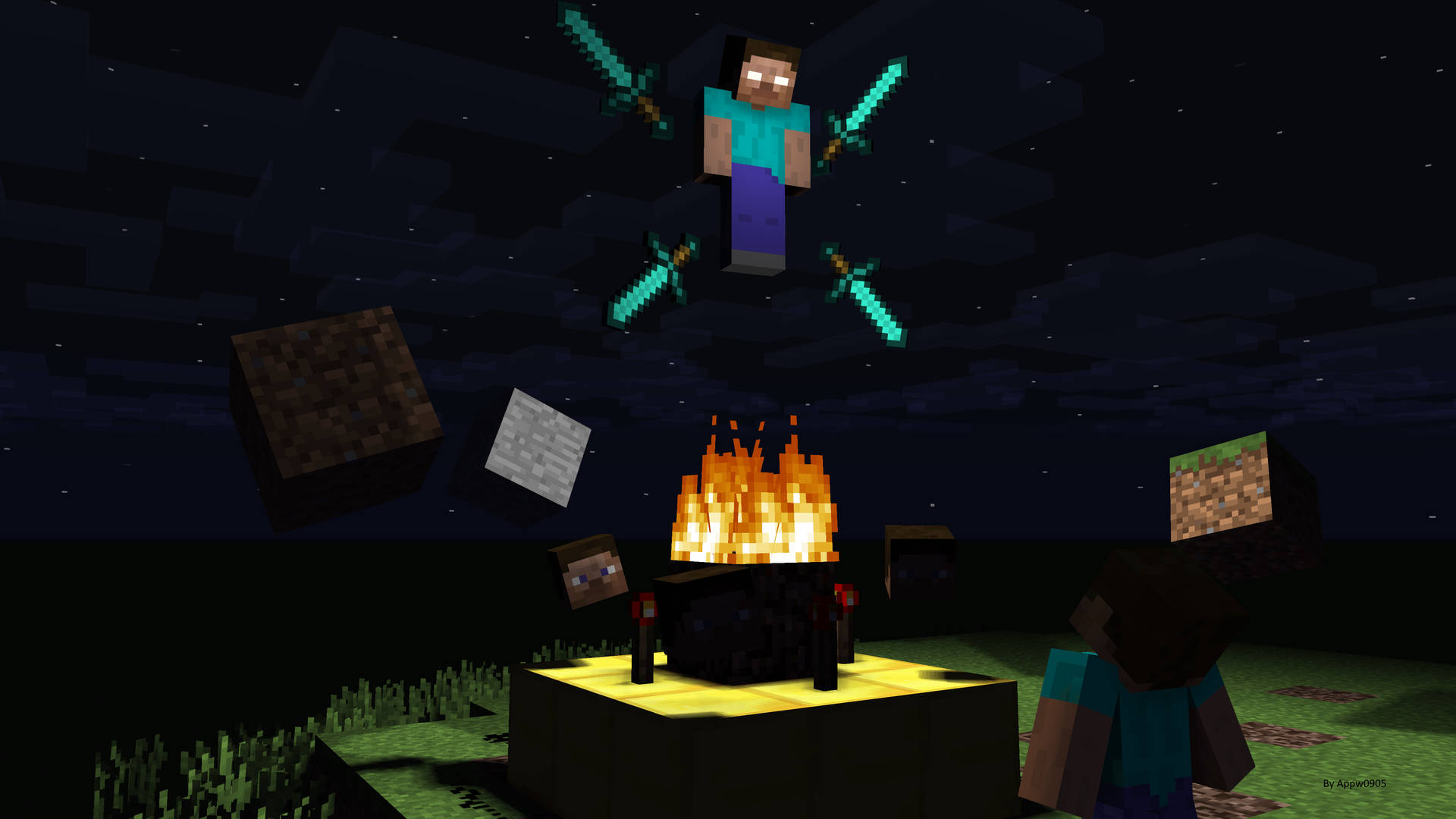 兩個Minecraft玩家在夜晚懸浮在營火上方，伴隨著浮動方塊和發光劍。