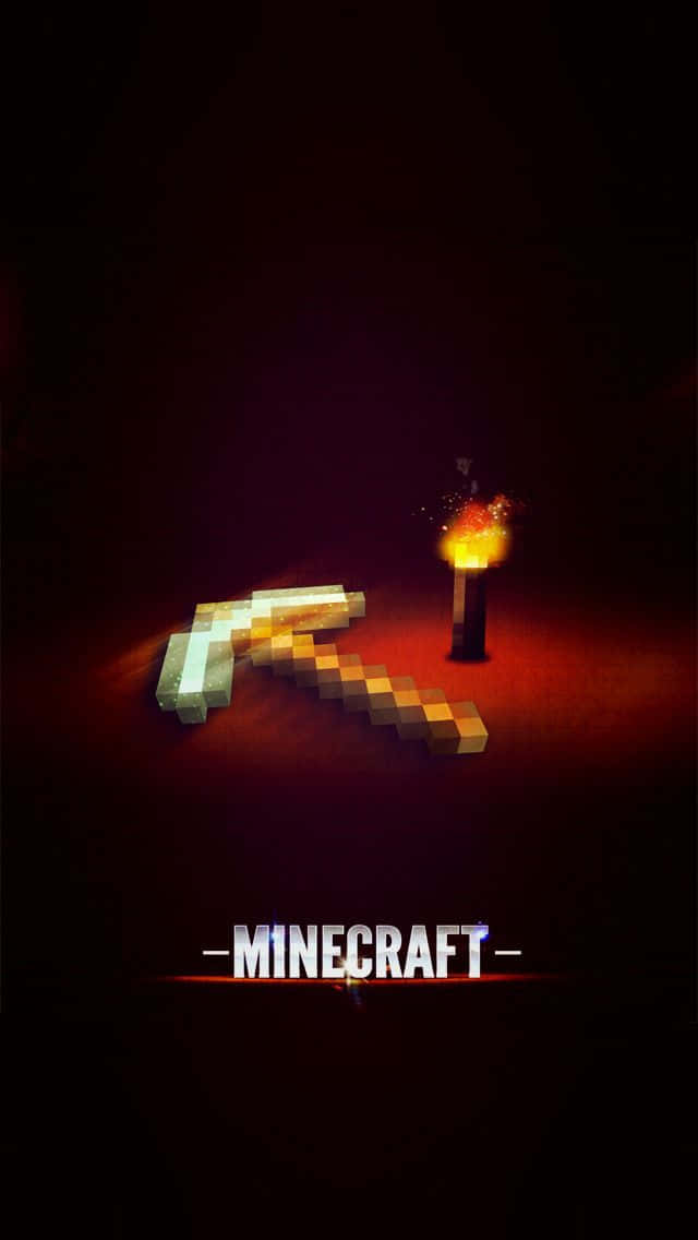 在深紅色像素藝術中發光的Minecraft鎬和火炬
