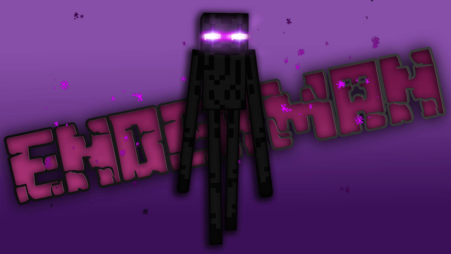 《我的世界》暮色中的終結者：Enderman 壁紙 — 一個像素化的終界使者站在紫色漸變背景前，周圍有漂浮粒子，並有粗體粉紅色3D文字拼出「ENDERMAN」。