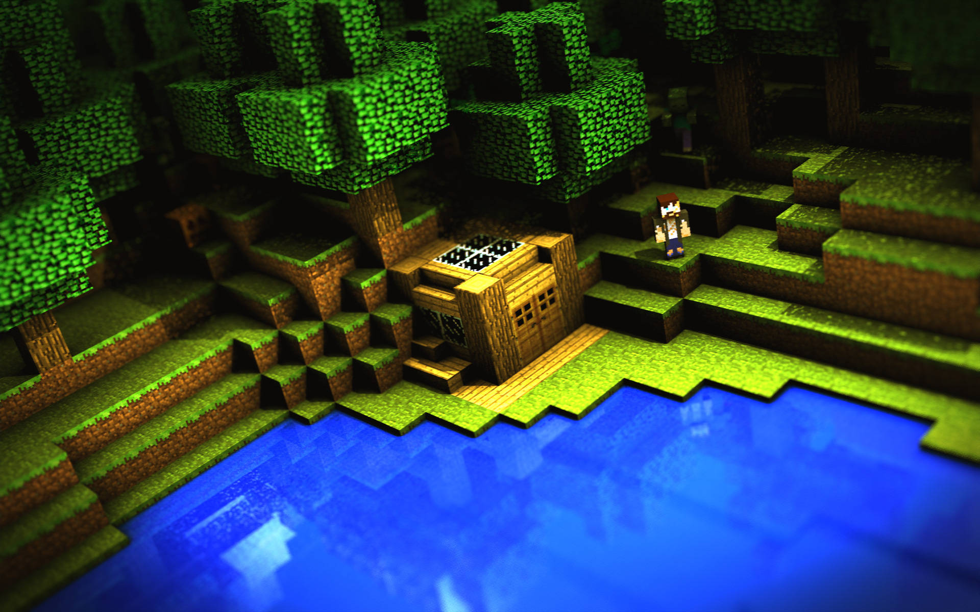 Minecraft玩家靠近木船在水邊有綠色樹木
