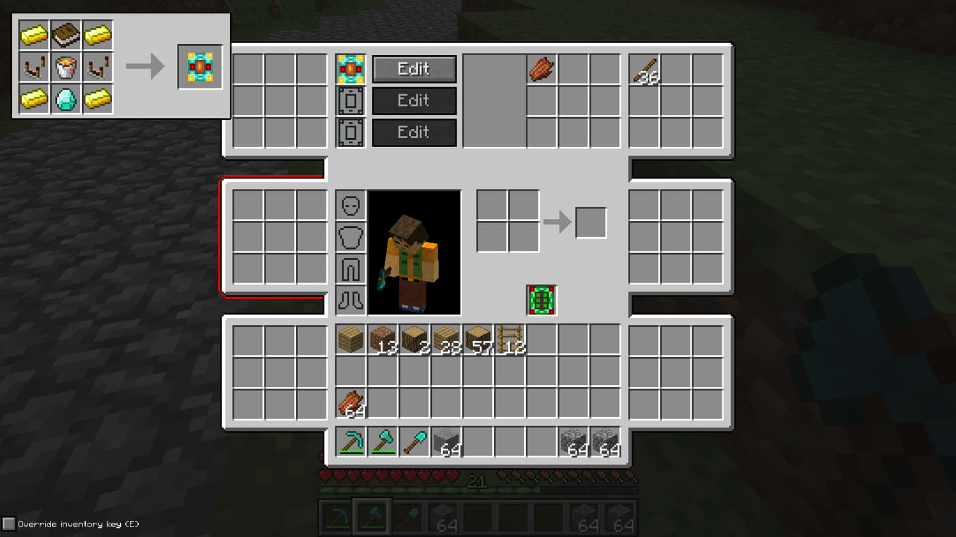 Minecraft 庫存畫面，有合成格同玩家物品