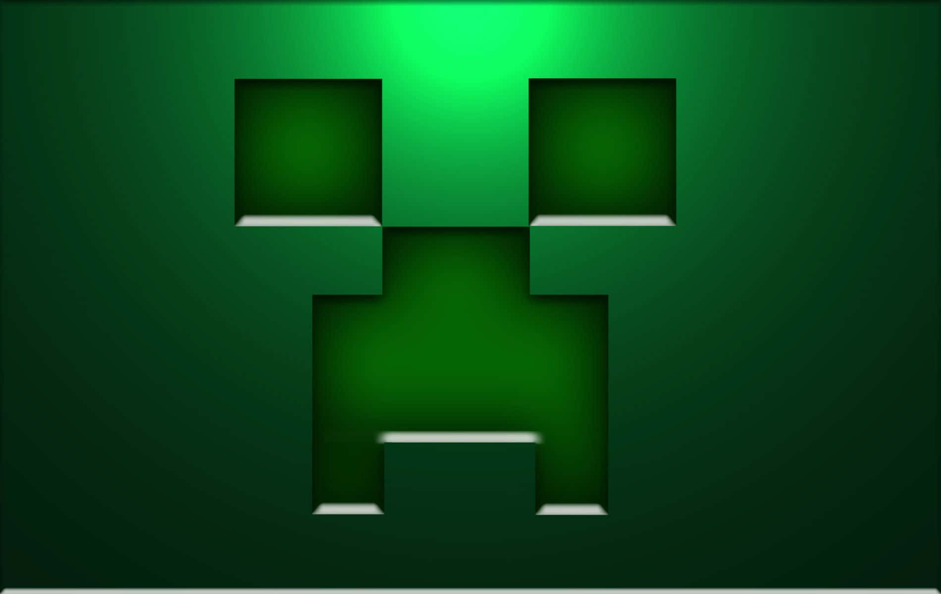 來自Minecraft的綠色像素化苦力怕面孔在深綠色漸變中發光。