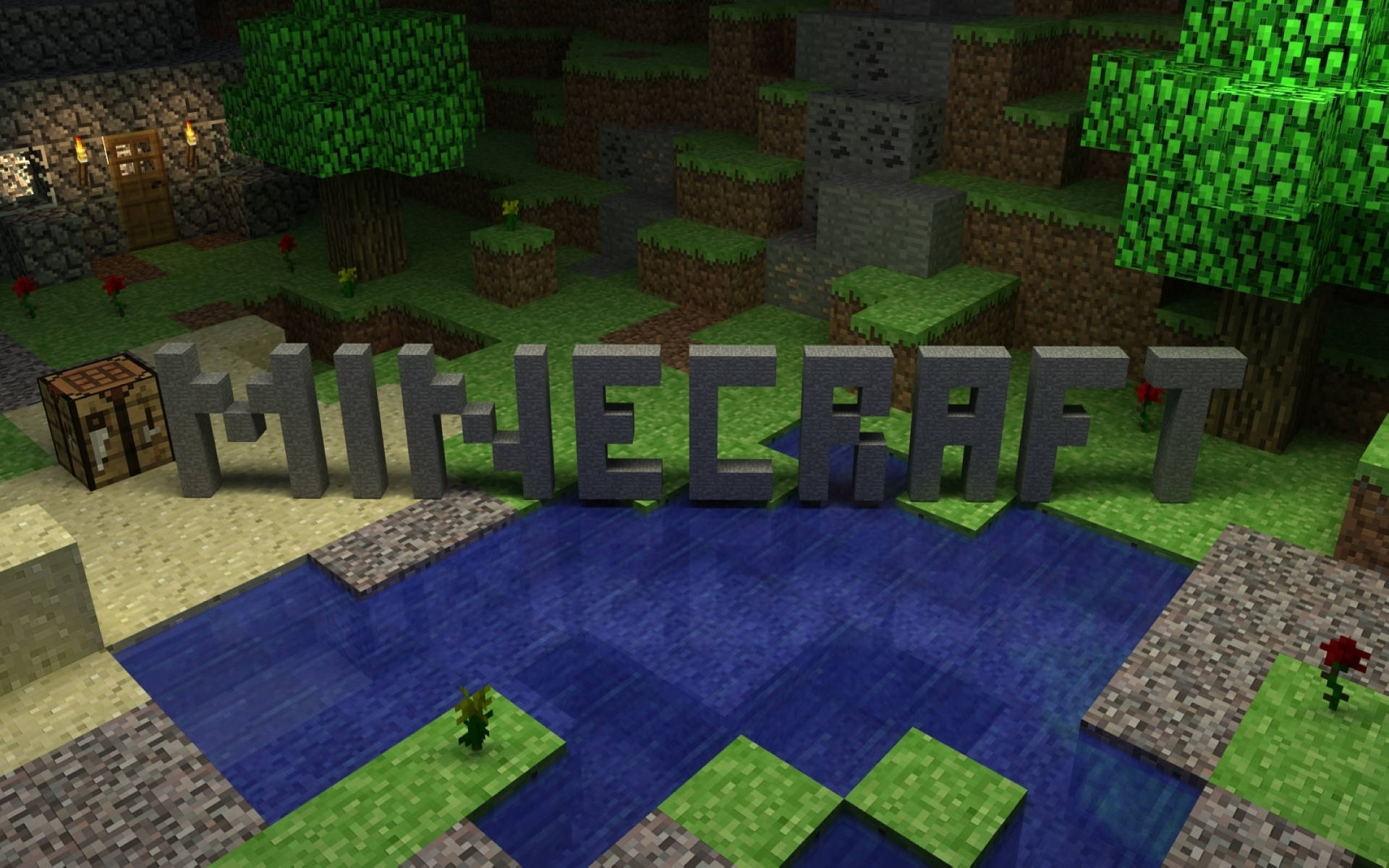 由方塊組成的Minecraft標誌，旁邊有河流、樹木和石屋。