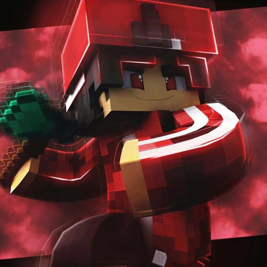 Minecraft角色穿著紅色盔甲，在紅色天空下拿著綠色鎬子。