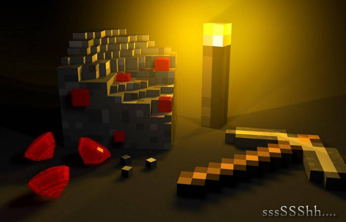 《我的世界》紅石方塊 壁紙 — 在溫暖的黃光下，一把Minecraft風格的像素化劍和紅色寶石放在發光的火炬和石塊旁邊。