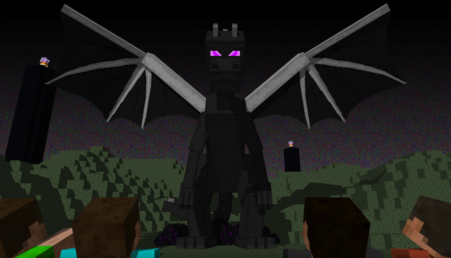 玩家在Minecraft夜晚環境中面對一隻擁有發光紫色眼睛的巨型黑色巨龍。