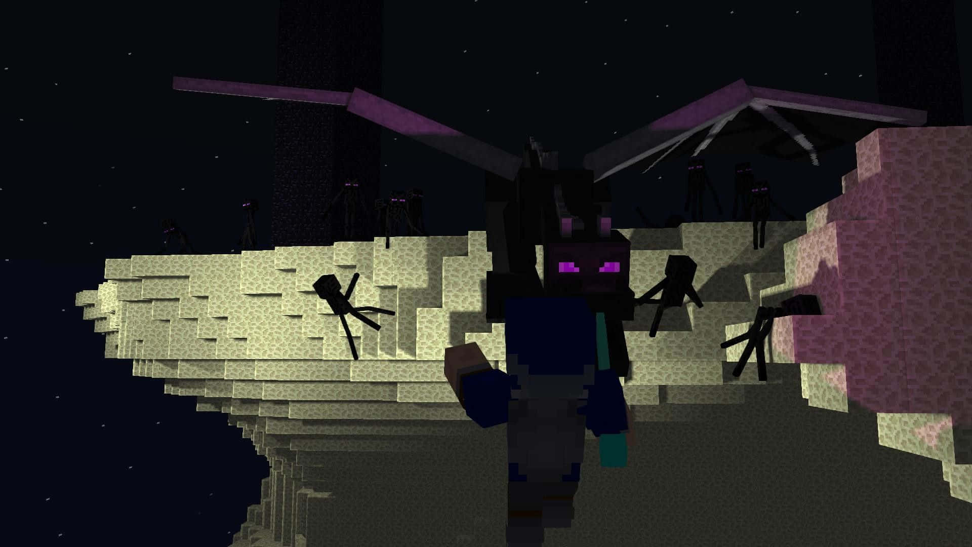 Minecraft夜晚浮空島上的終界龍與蜘蛛