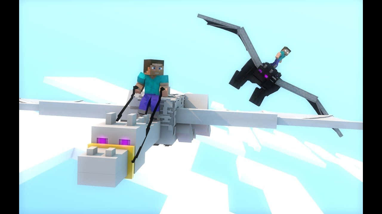 兩名Minecraft角色在明亮的藍色天空中騎著像素龍。