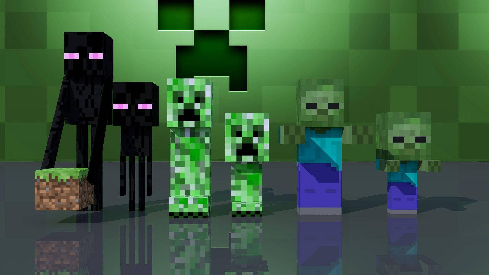 《我的世界》終結者：成年與幼年版 壁紙 — 像素化的Minecraft生物，包括Endermen和Creepers，站在一個有反射地板的綠色方塊房間中。