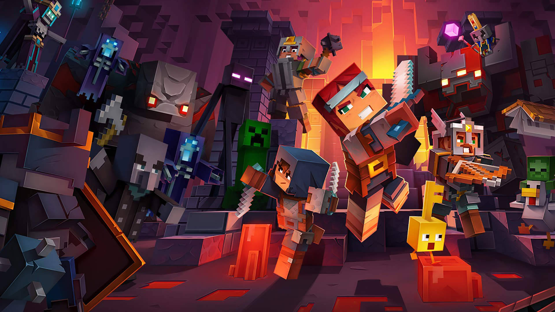 《我的世界》終結者：神秘潛伏者 壁紙 — 像素化的Minecraft角色在一個帶有方塊建築的火熱地下地牢中與發光的怪物戰鬥。