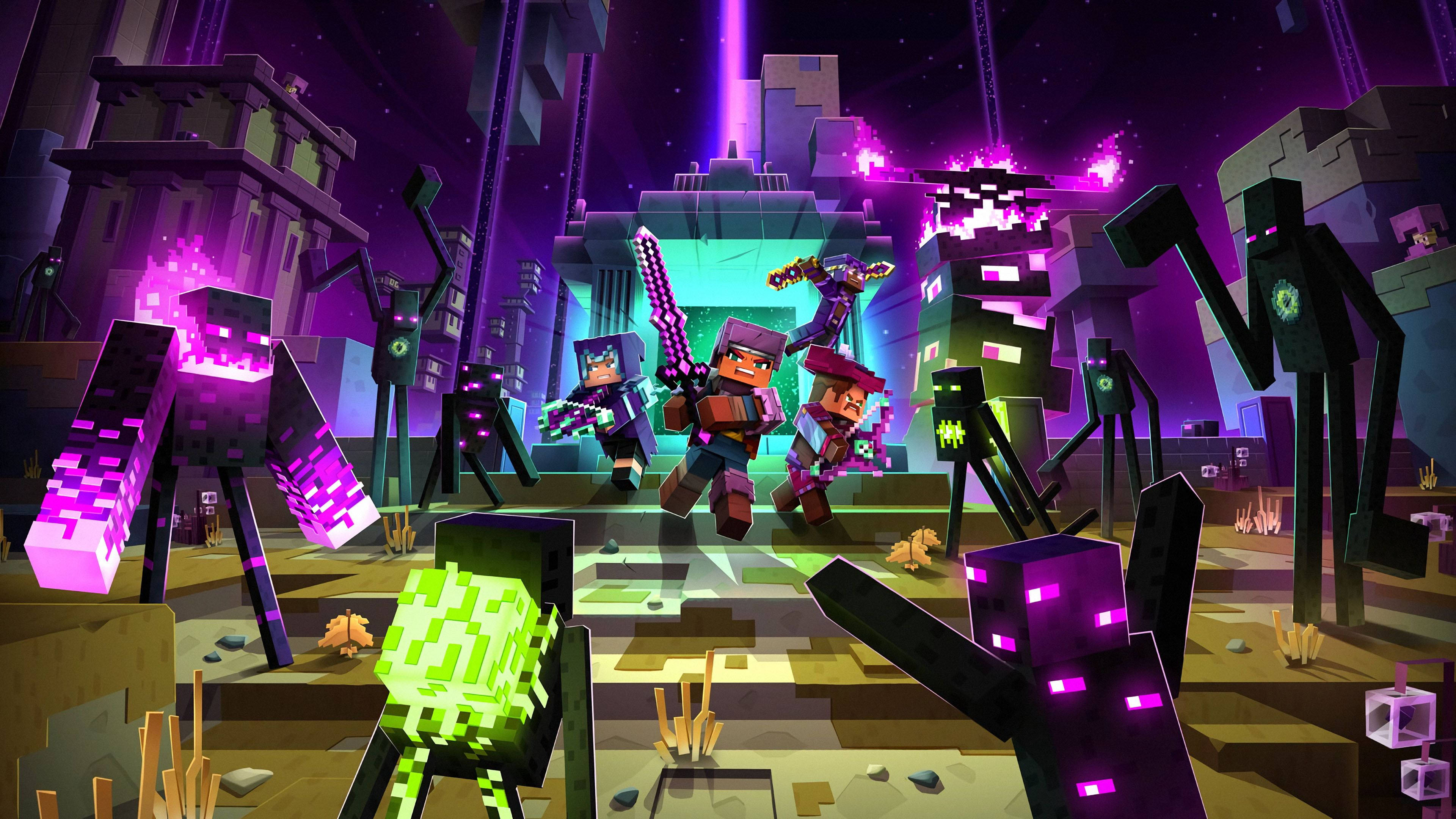 《我的世界》終結者潛伏於黑暗 壁紙 — 像素化的Minecraft角色在繁星點點的夜空下，於一個方塊狀的未來城市中與發光的紫色和綠色怪物戰鬥。