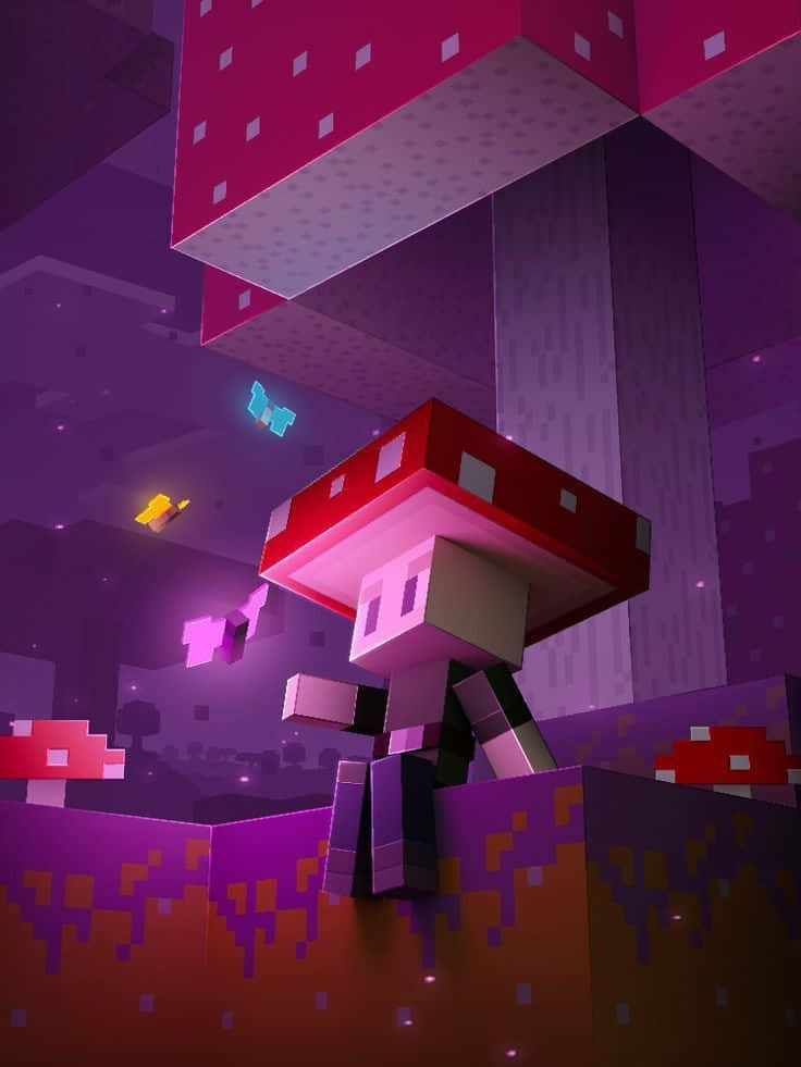 一個像素化的蘑菇生物站在一個發光的方塊上，在一個紫色的Minecraft世界中。