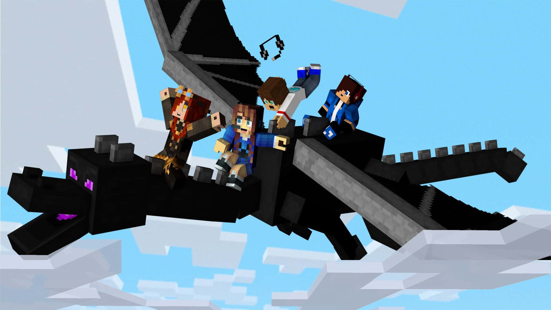 三個Minecraft玩家騎著一條黑龍穿過像素天空。