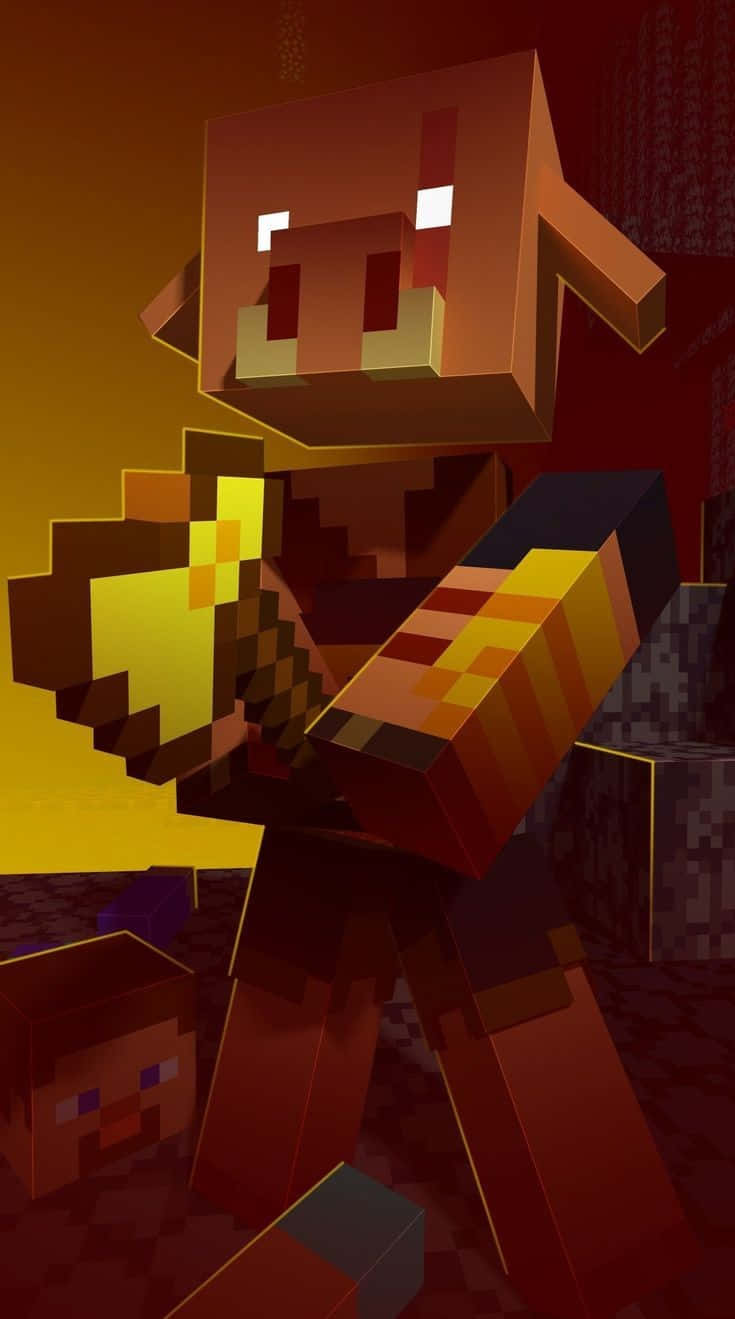 一隻Minecraft豬在像素化遊戲場景中拿著金蘋果。