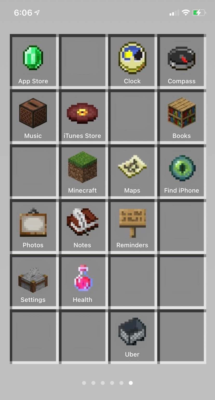 Minecraft風格手機主屏幕，帶有應用程式圖標