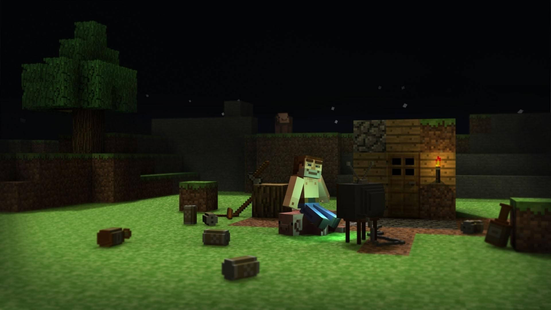夜晚Minecraft村莊中，有火炬和方塊的亮燈木屋附近的喪屍。