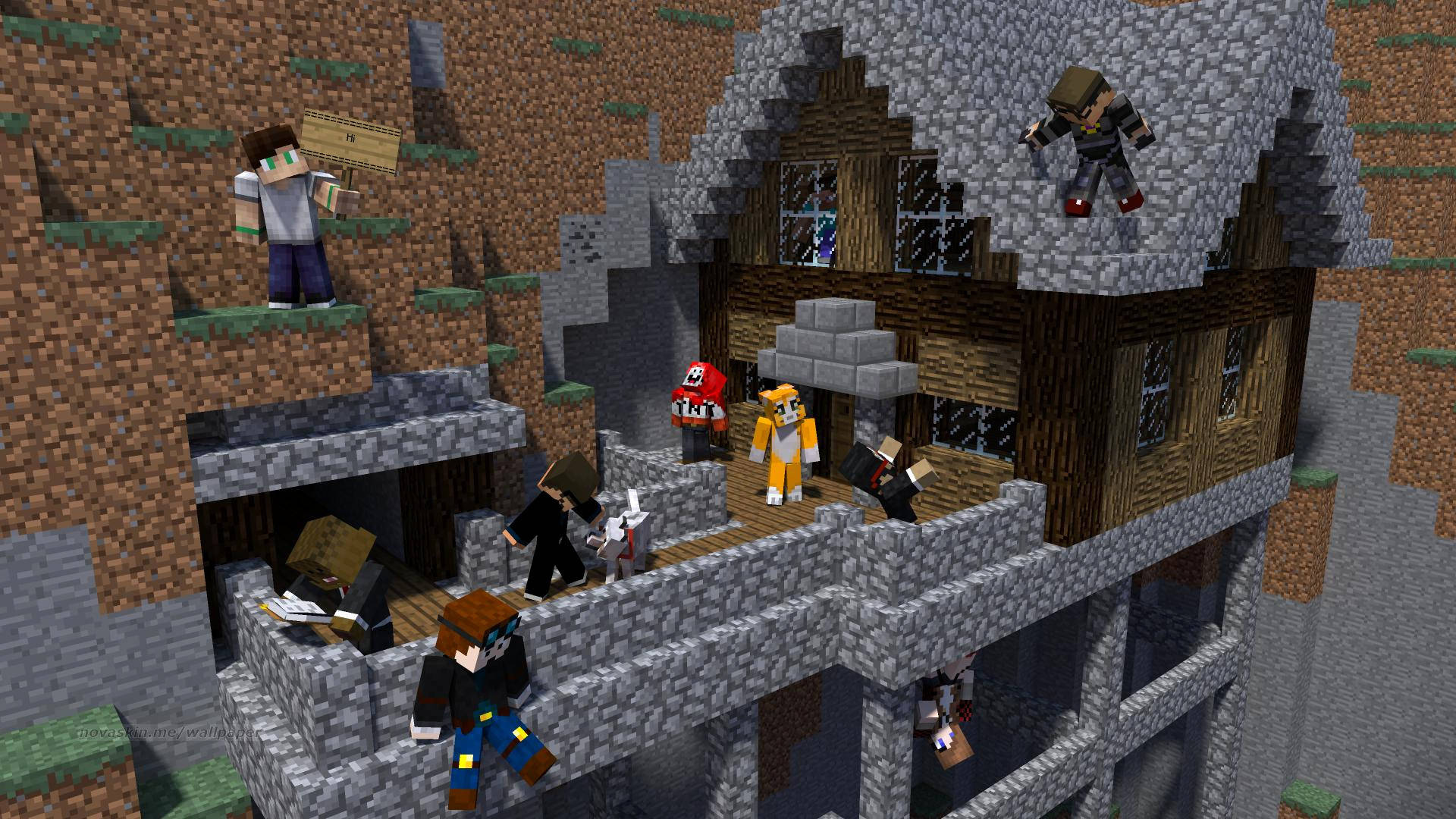 Minecraft角色聚集喺像素村莊嘅一間石屋周圍。