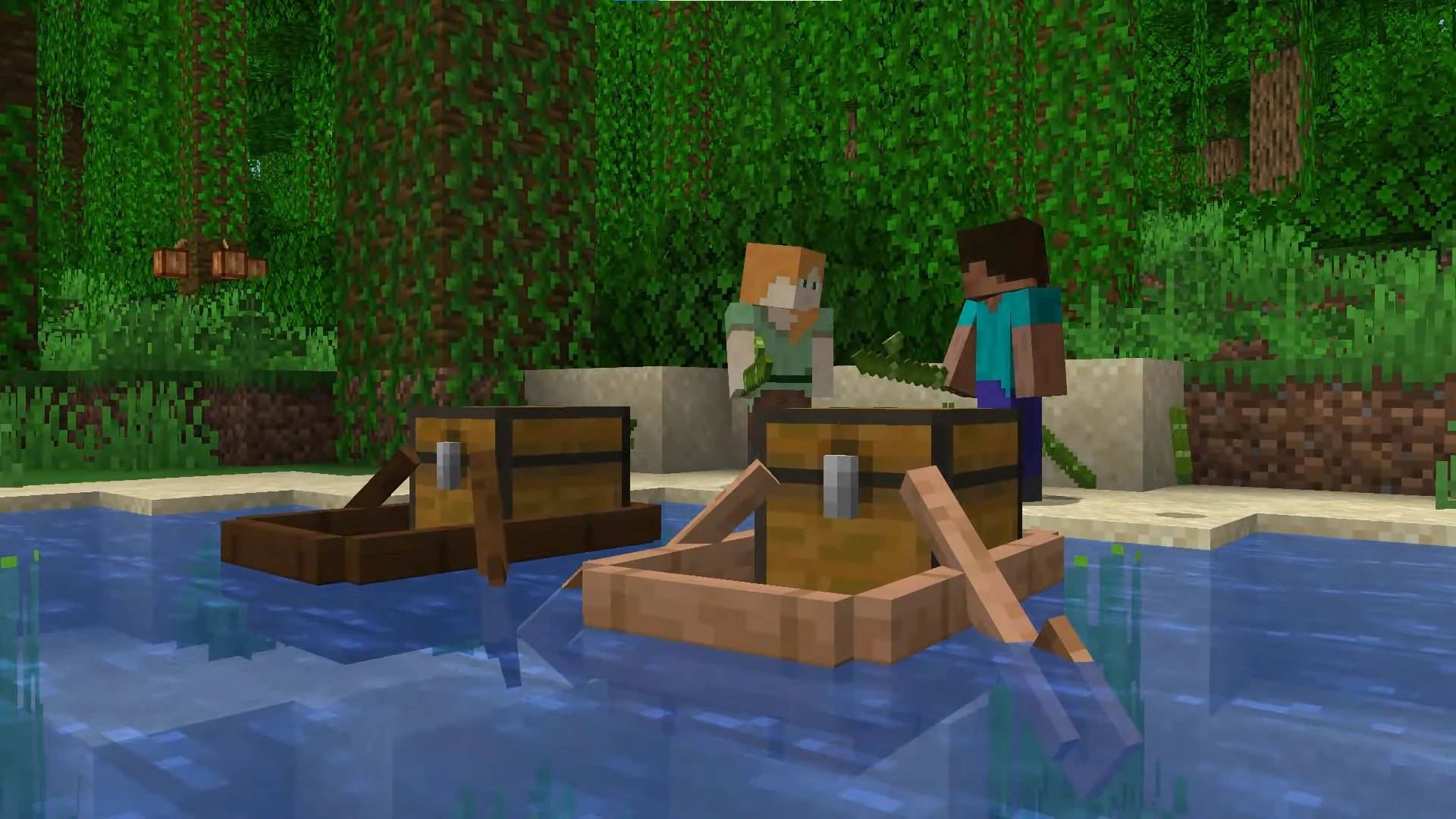 兩個 Minecraft 玩家在叢林河流的船隻附近。