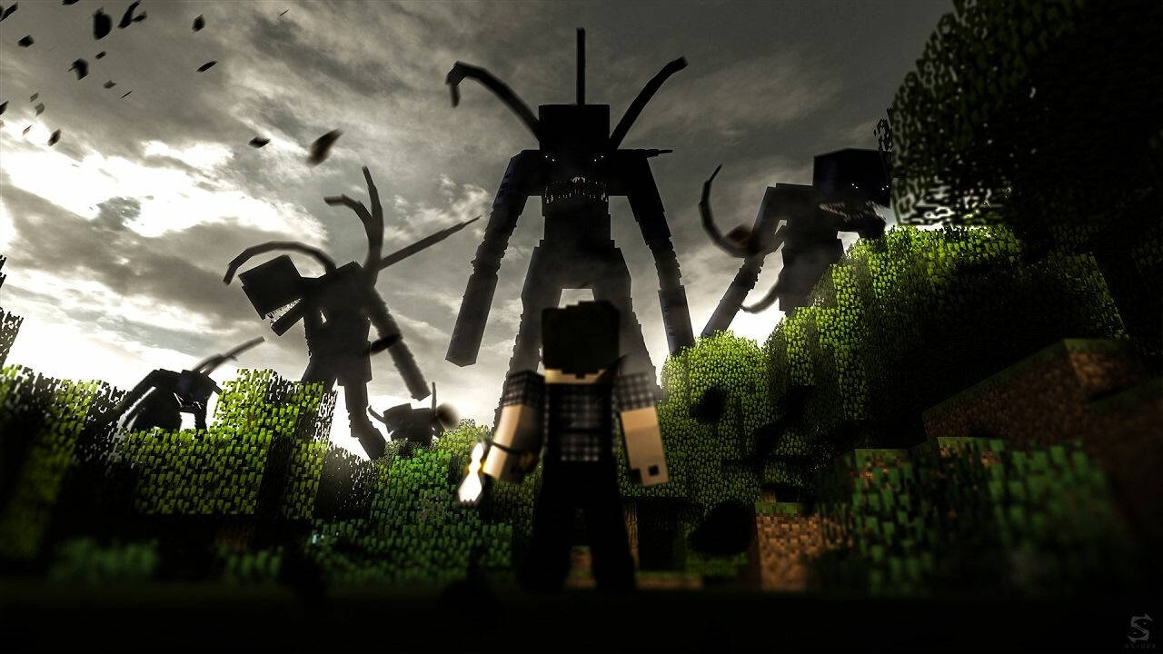 玩家在Minecraft中於黃昏時分面對巨型怪物