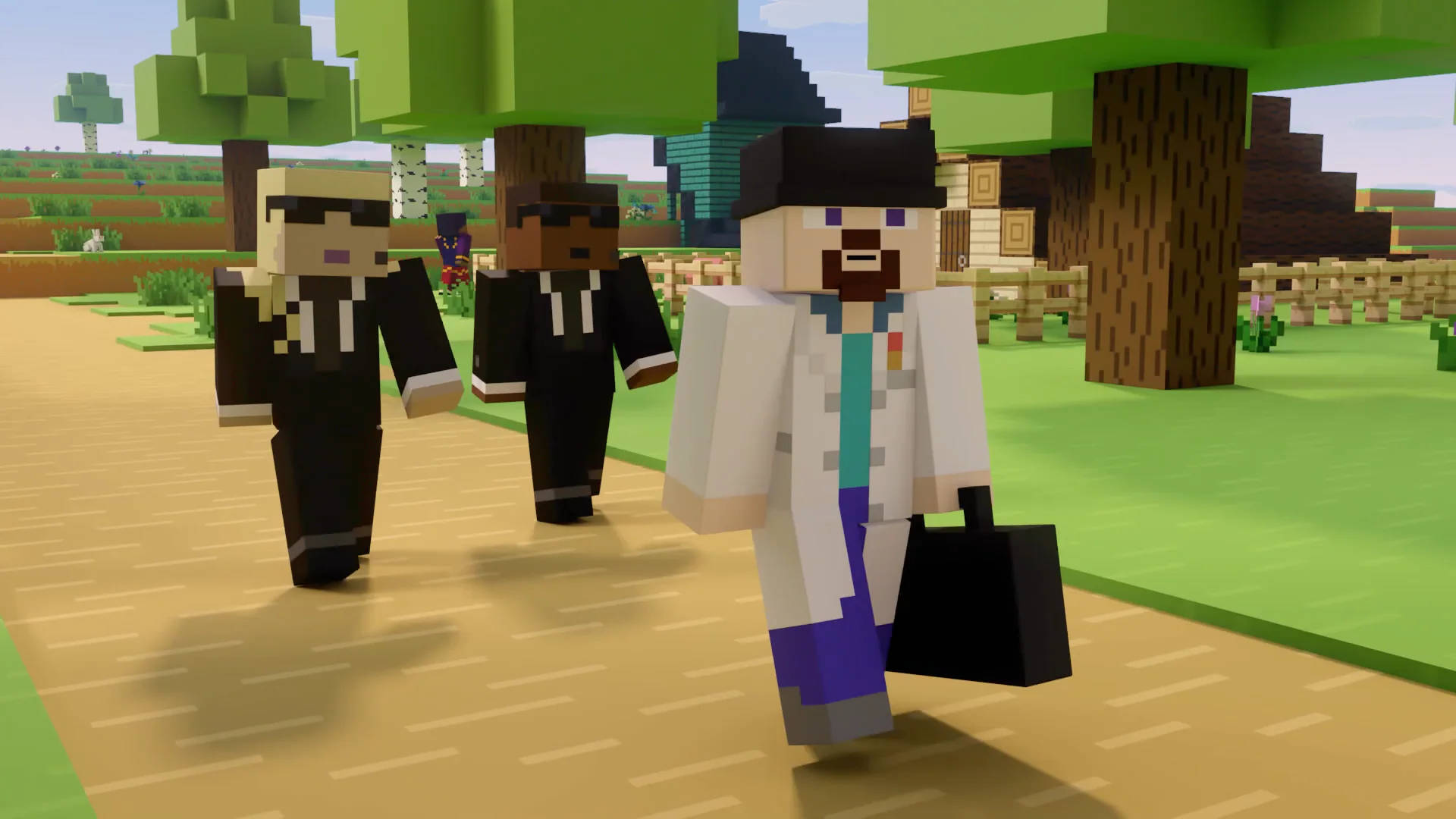 三個Minecraft角色在森林中的小路上行走