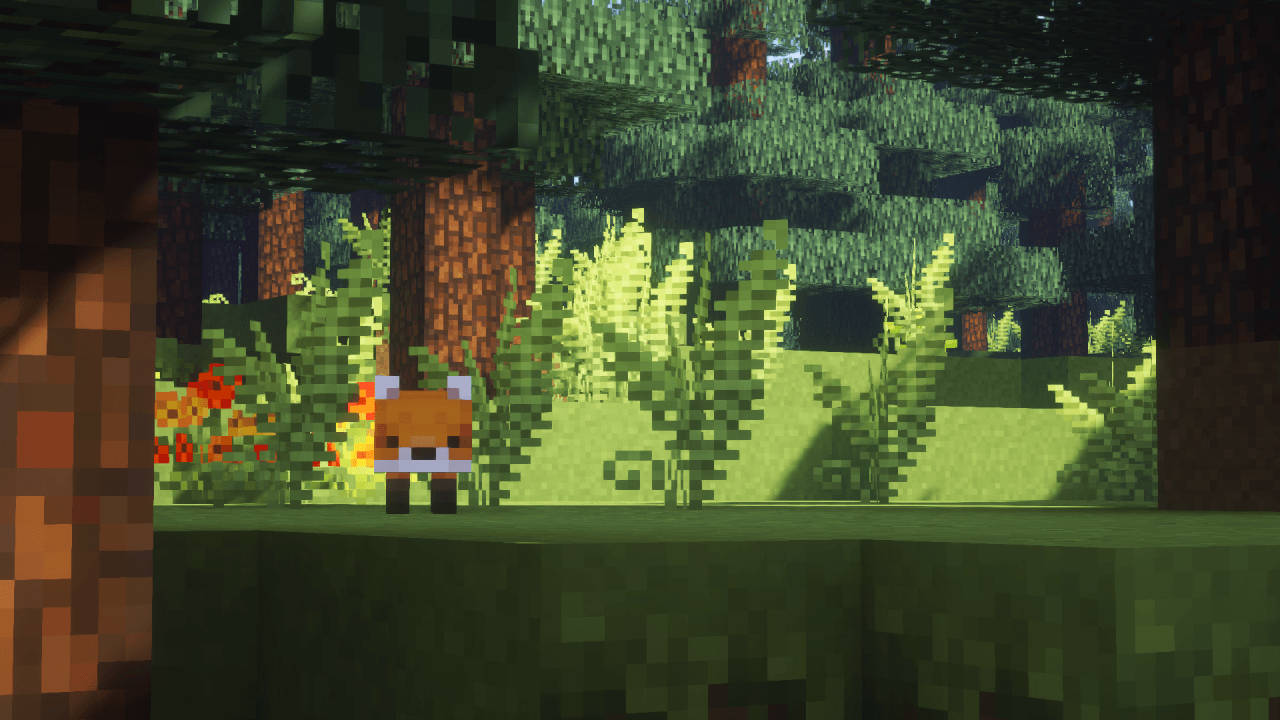 一隻小熊貓喺Minecraft森林入面，有方塊樹同蕨類植物。