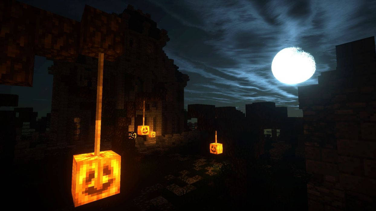發光的南瓜燈在滿月下照亮了Minecraft廢墟。