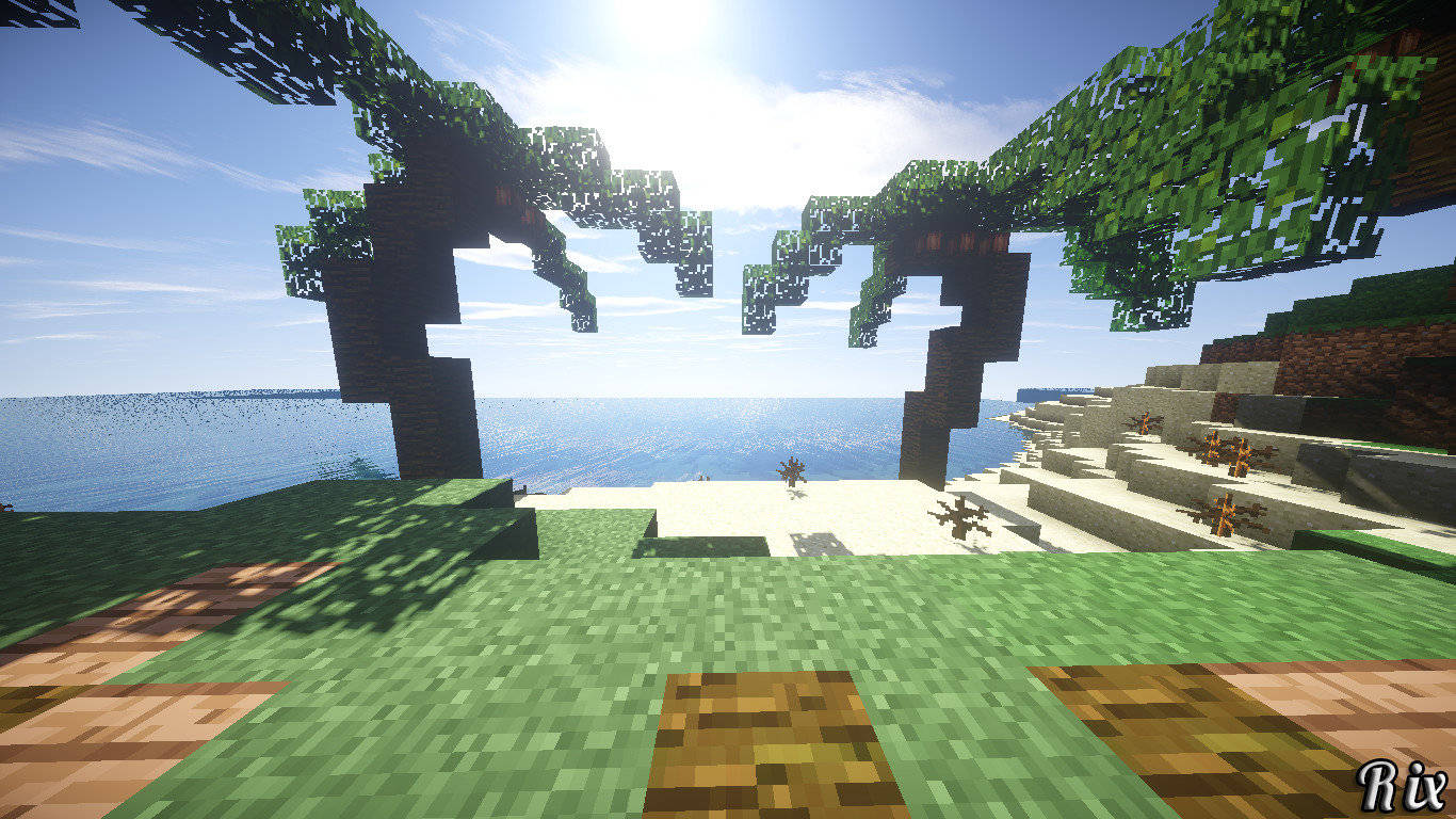 像素化Minecraft海灘，漂浮樹木和海洋，陽光明媚。