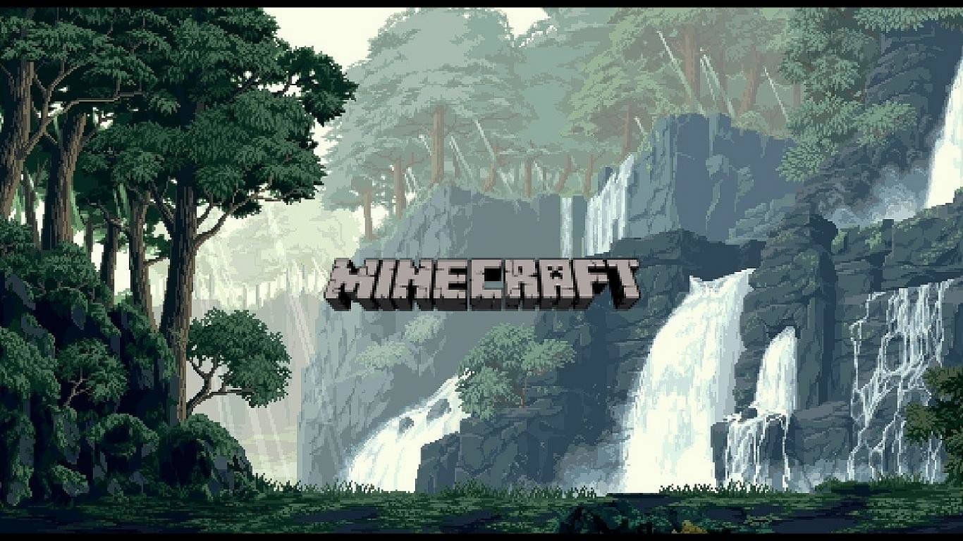 Minecraft遊戲標誌在像素化森林上，有瀑布和懸崖。