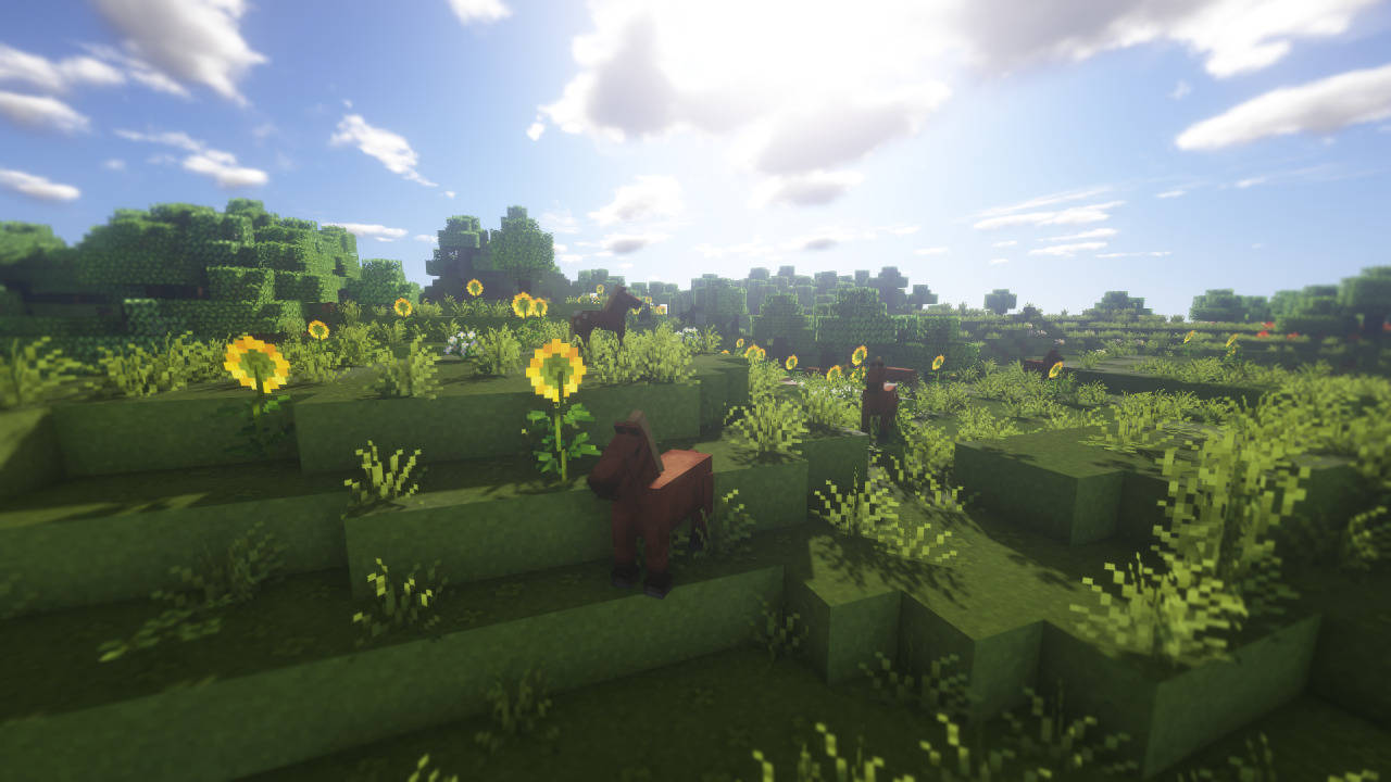 在方塊狀的Minecraft景觀中，馬匹在向日葵田裡吃草。