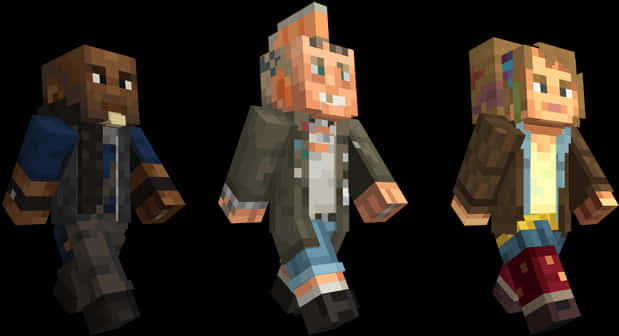 我的世界三角色同行 壁紙 — 三個像素化的Minecraft角色並排站在黑色背景前，每個都有獨特的服裝和方塊特徵。