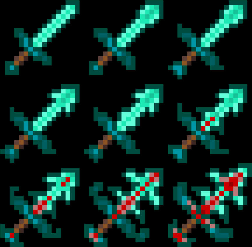 像素化的Minecraft劍和箭的網格在黑色背景上發出青綠色光芒。 — 我的世界 壁紙