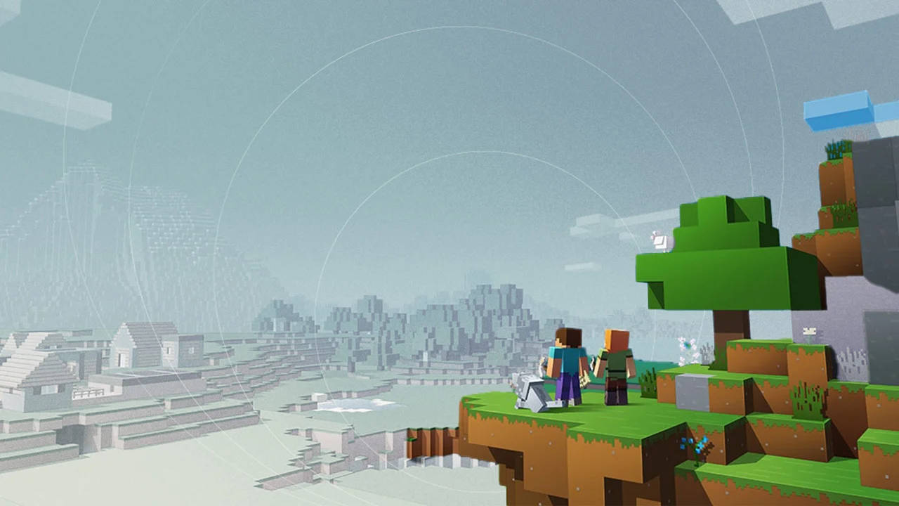 兩名Minecraft玩家俯瞰著一個浮空島嶼世界，擁有方塊狀地形和遠處的建築物。