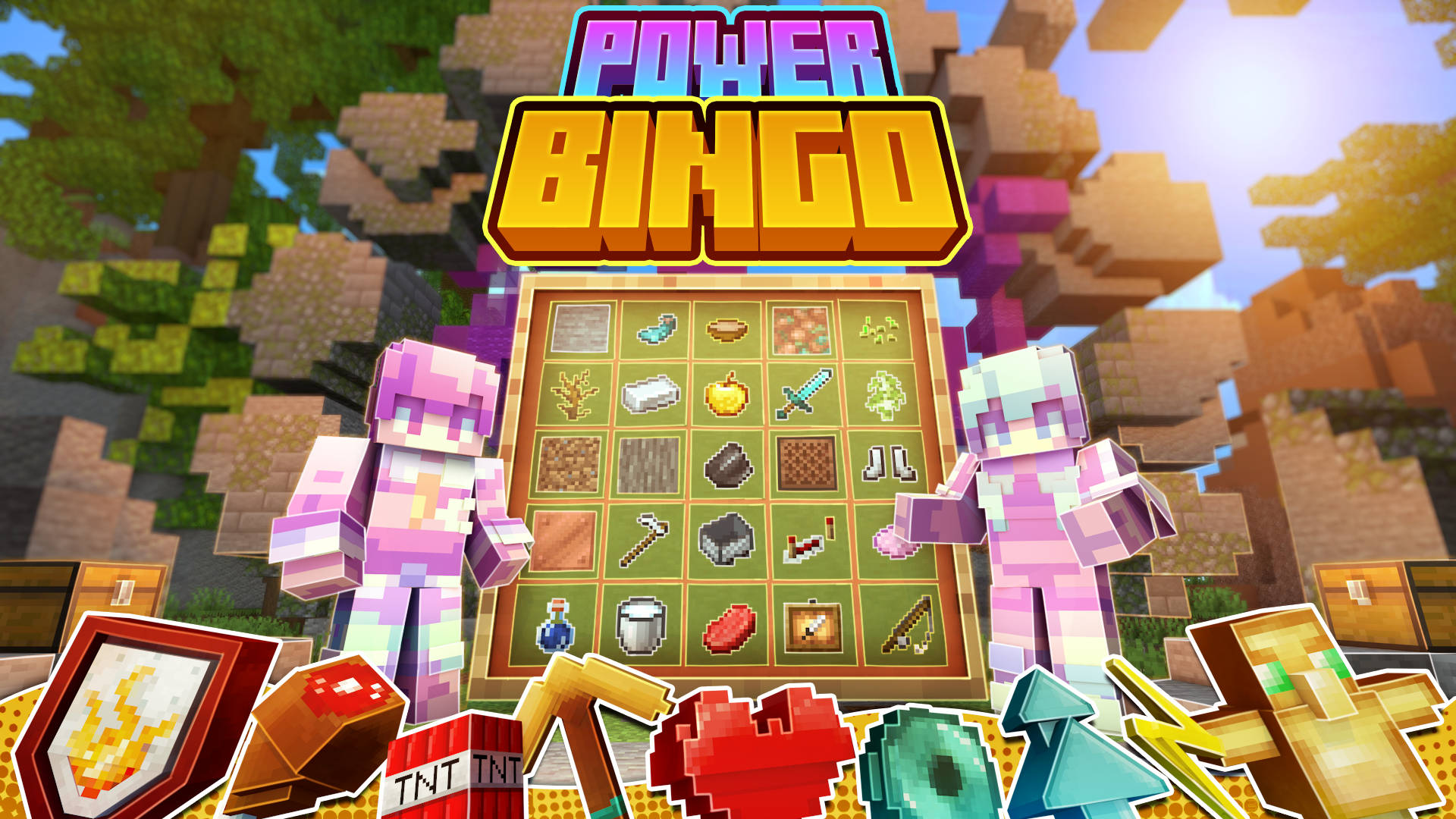 我的世界力量賓果 壁紙 — 兩個像素化的Minecraft角色夾著一個充滿遊戲物品的「Power Bingo」遊戲板，背景是方塊狀的森林。