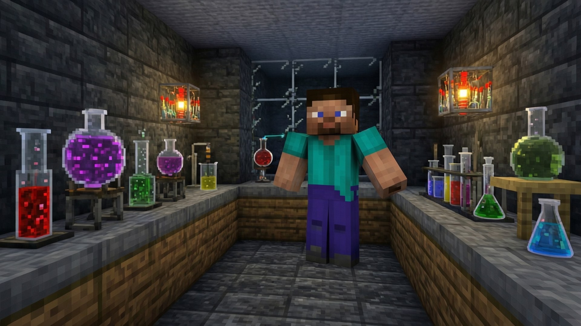Minecraft角色在一個有彩色藥水瓶和石牆的藥水實驗室中。