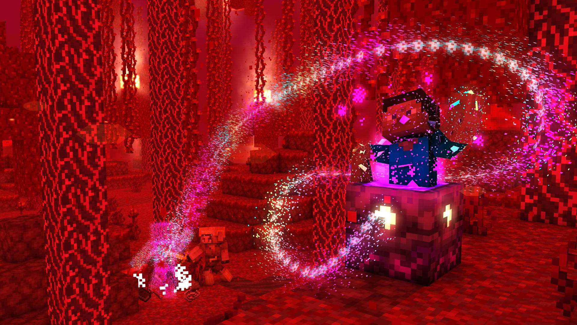 Minecraft角色在紅色地獄堡壘中施放魔法咒語