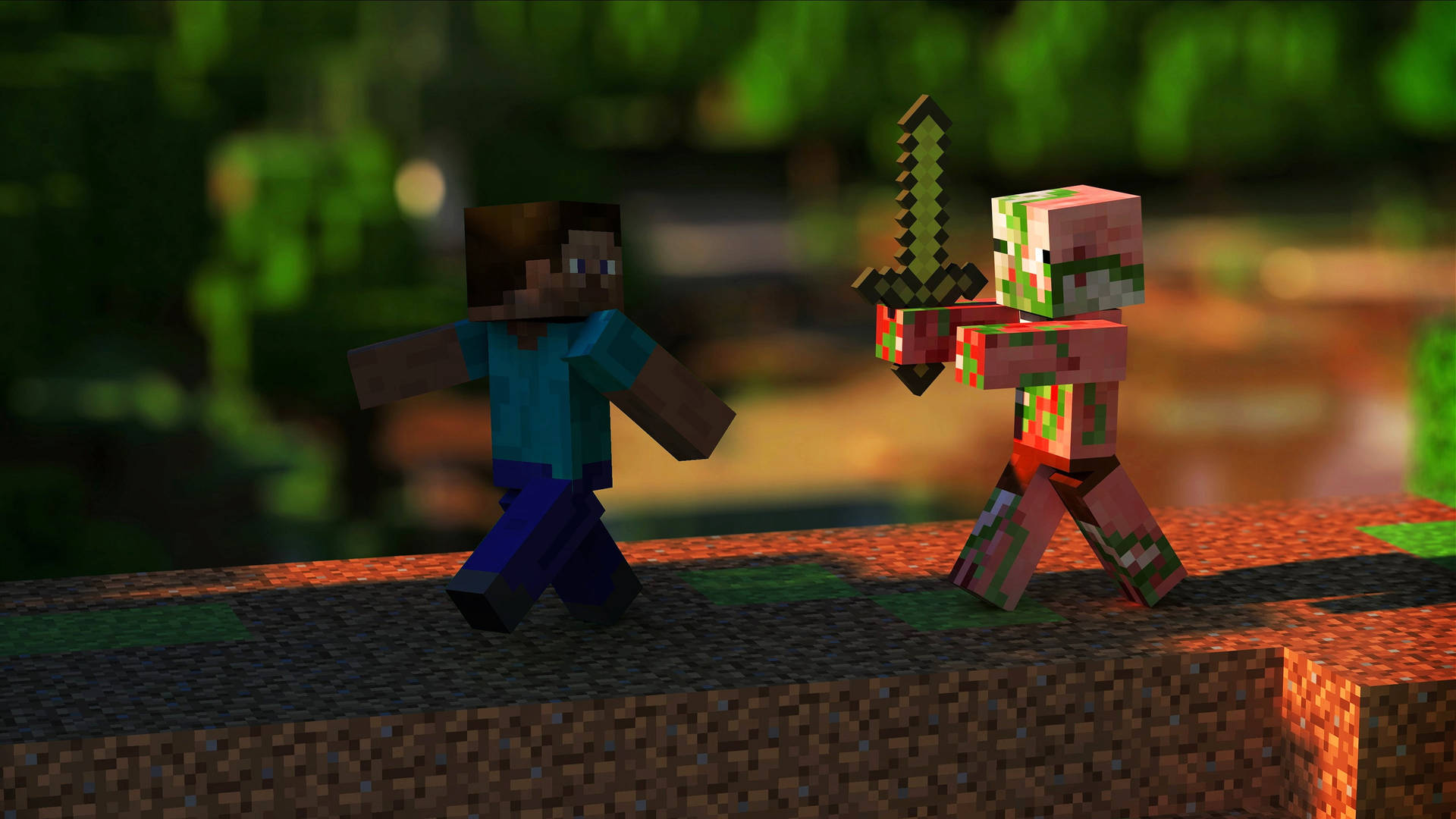 Minecraft 玩家在森林中用劍與殭屍戰鬥