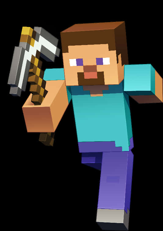 我的世界史蒂夫手持採礦錘 壁紙 — 一個像素化的Minecraft角色，棕色頭髮和鬍鬚，在黑色背景前拿著鑽石鎬。