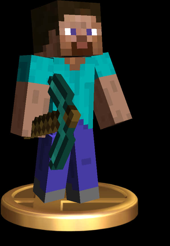 我的世界史蒂夫持鑿獎盃 壁紙 — 像素化的Minecraft Steve站在金色獎盃底座上，手持鑽石劍，背景為黑色。