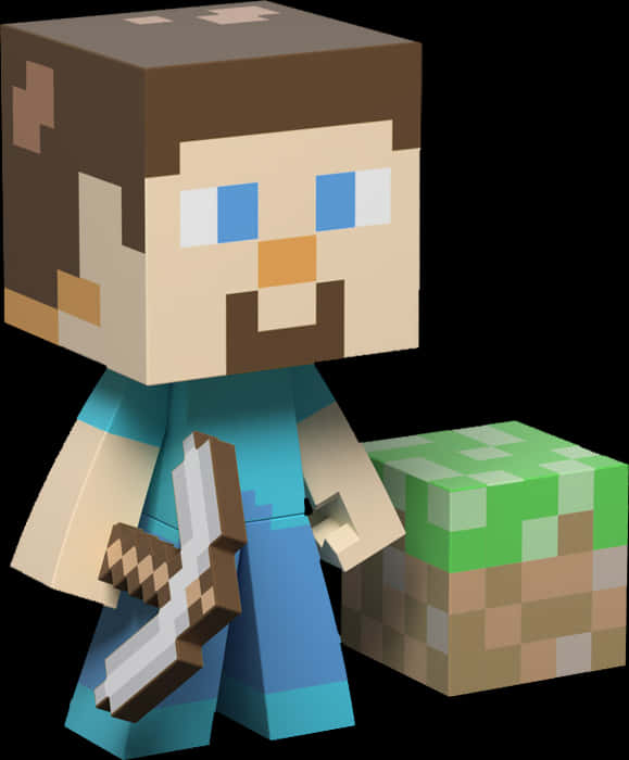 我的世界史蒂夫持鑿與方塊 壁紙 — 一個像素化的Minecraft角色，棕色頭髮藍色眼睛，在黑色背景的草地方塊旁邊手持劍。