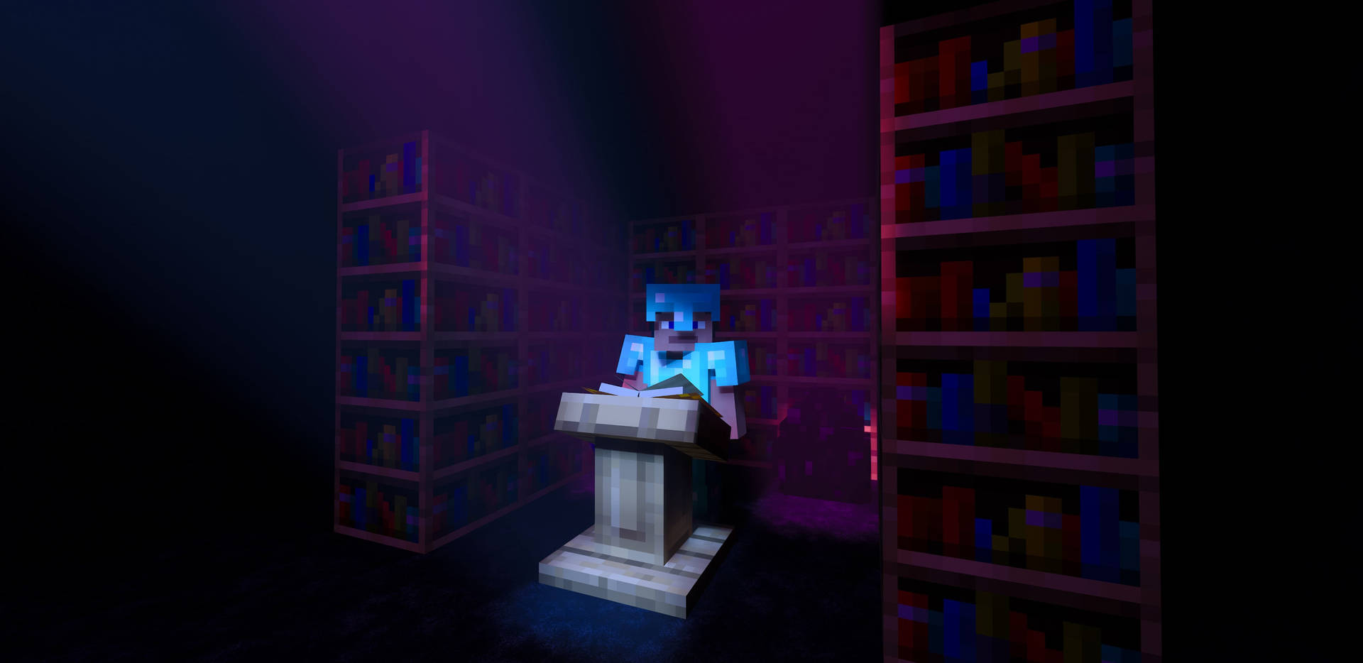 Minecraft角色在黑暗的圖書館中，於色彩繽紛的書架旁坐在書桌前閱讀。