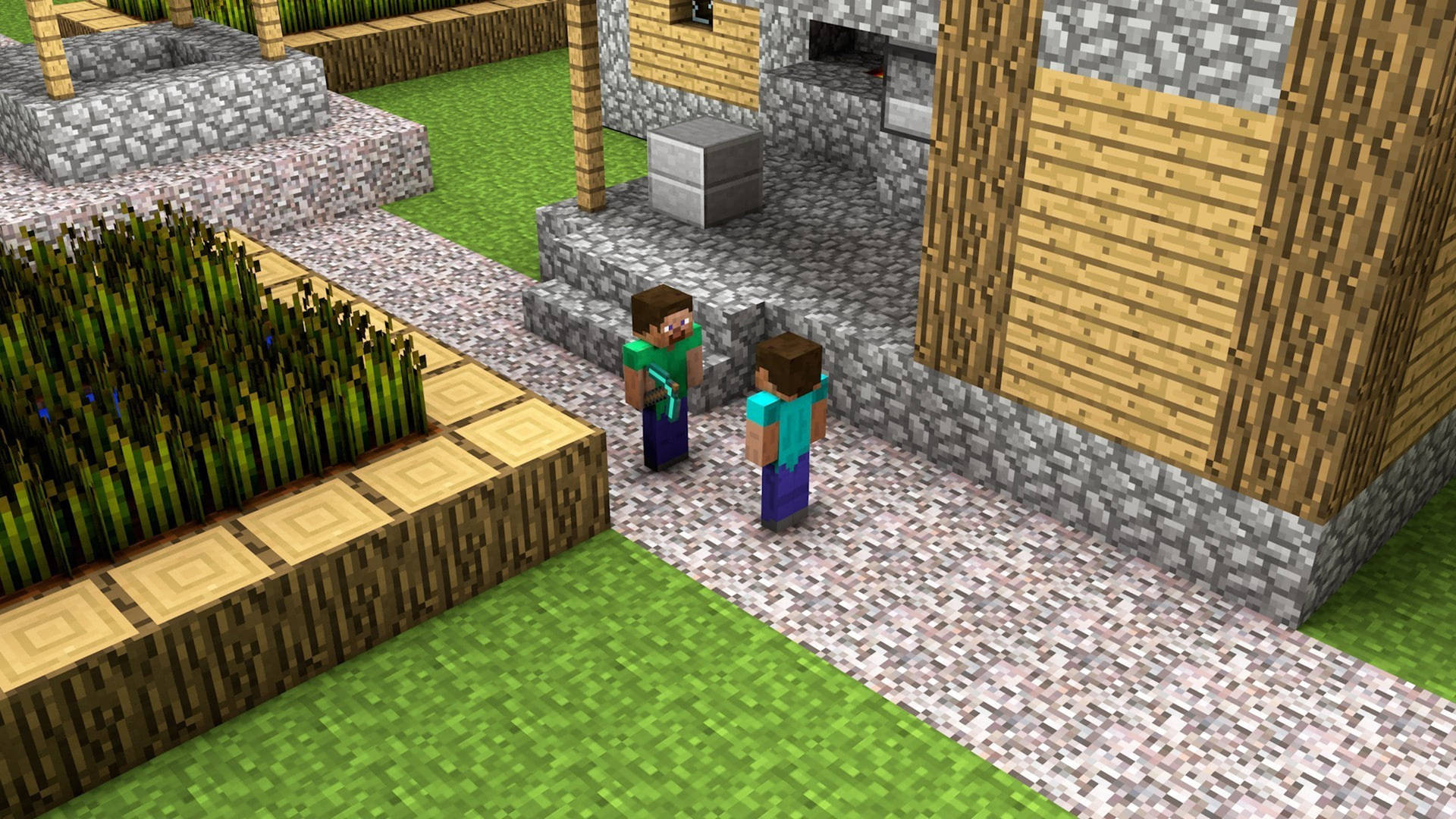 兩個Minecraft角色站在一間有石地基和草地的木屋附近。