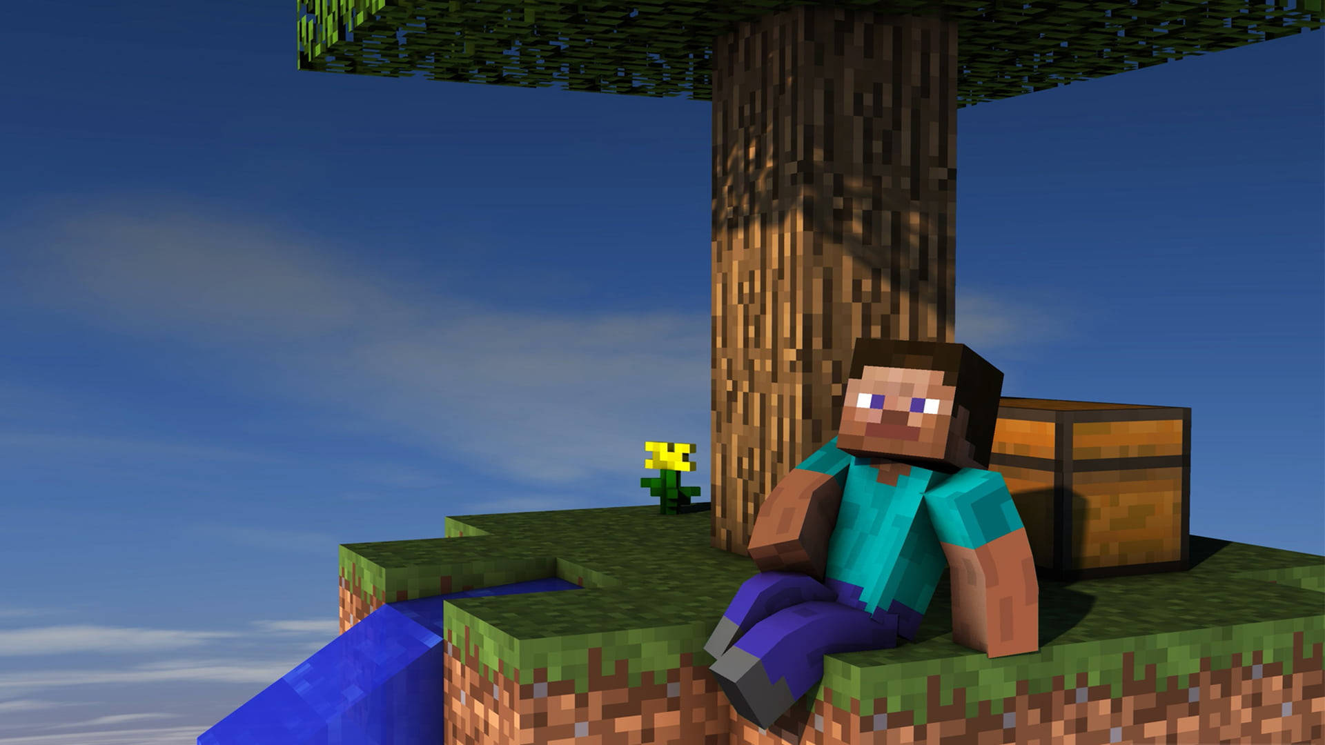 Minecraft角色坐在水邊草崖上的樹下，靠近箱子