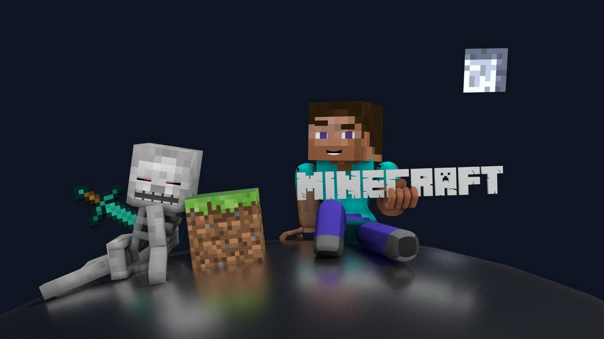 Minecraft Steve 和骷髏在黑暗表面上與泥土方塊及遊戲標誌