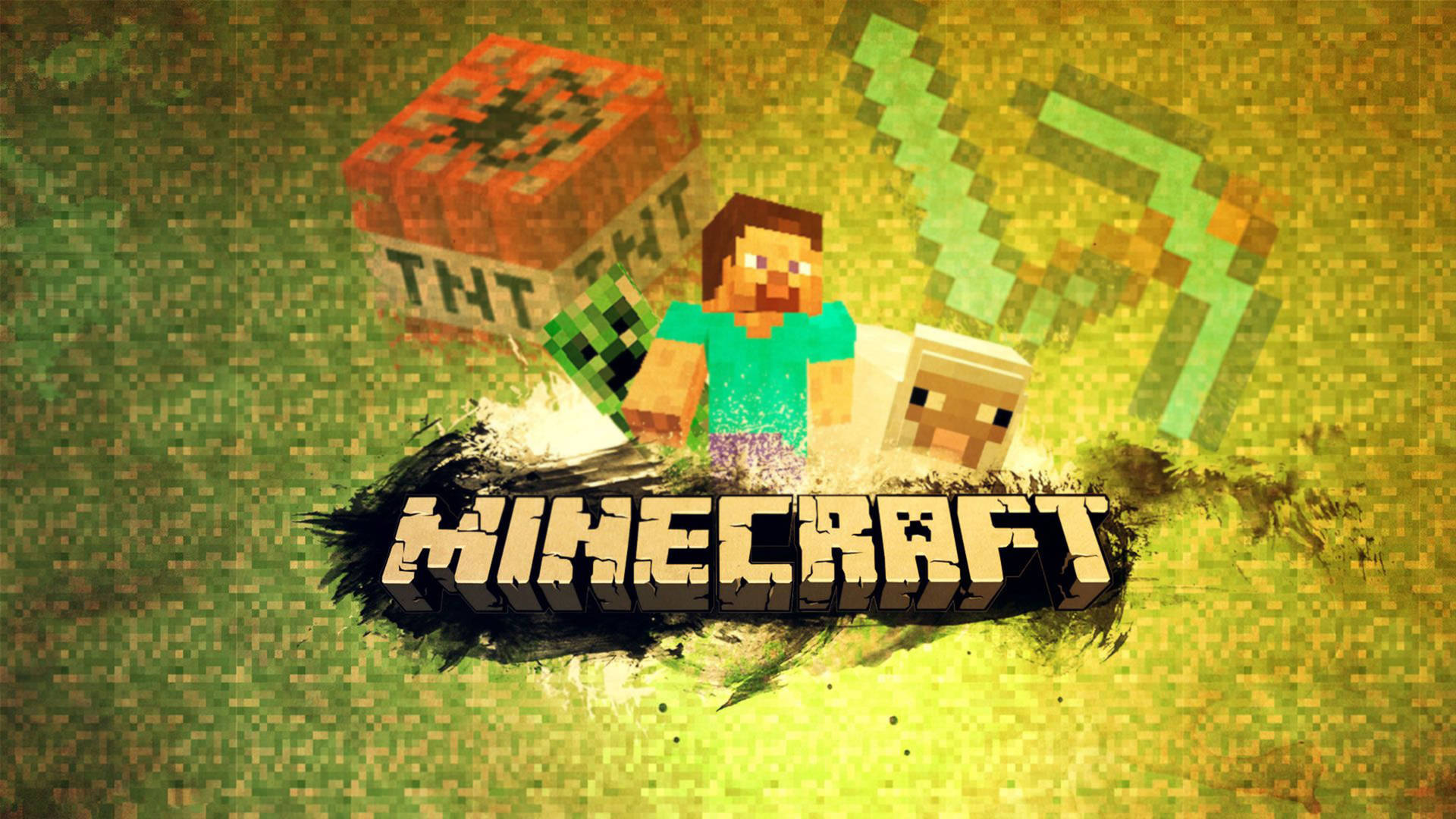 Minecraft標誌，帶有像素化角色和羊，背景為綠色方塊狀。