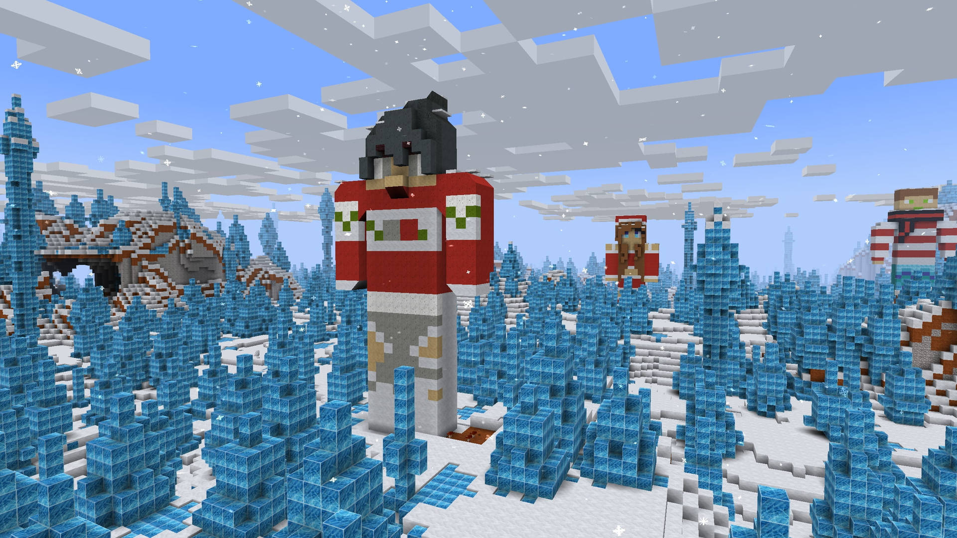 穿著紅色外套的Minecraft玩家站在雪地冰森林中，有浮動方塊。