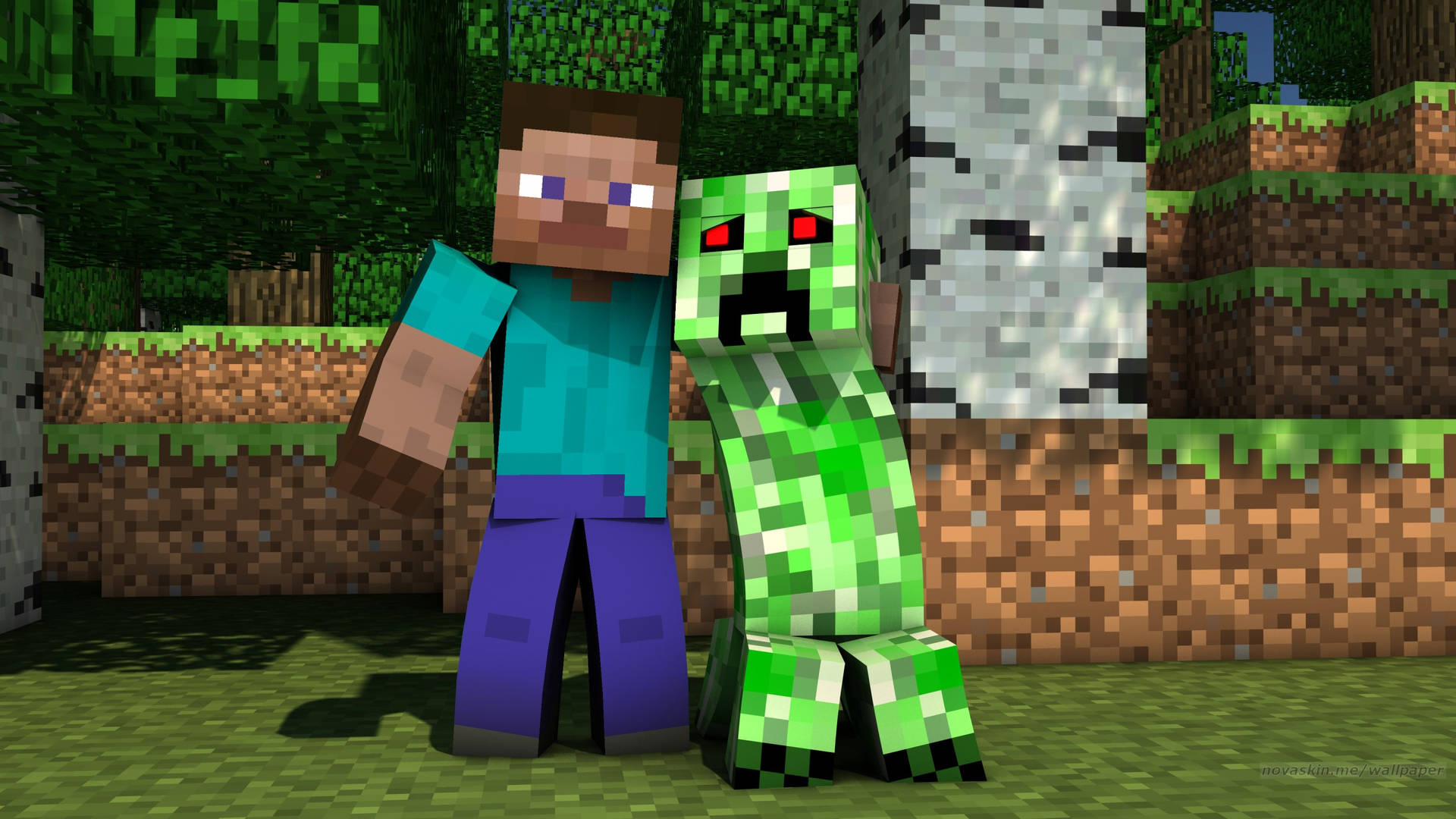 Minecraft玩家和爬行者站在像素化森林中。