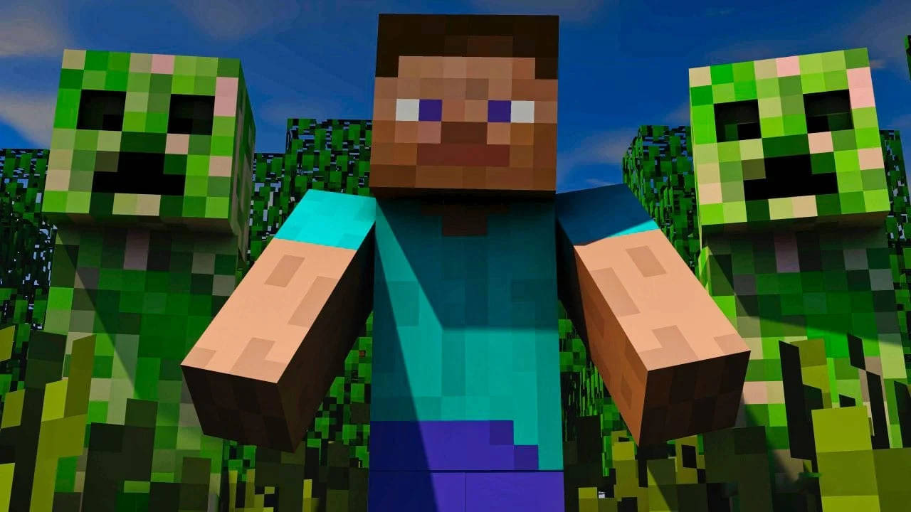 Minecraft玩家在方塊森林場景中被兩隻綠色爬行者包圍。