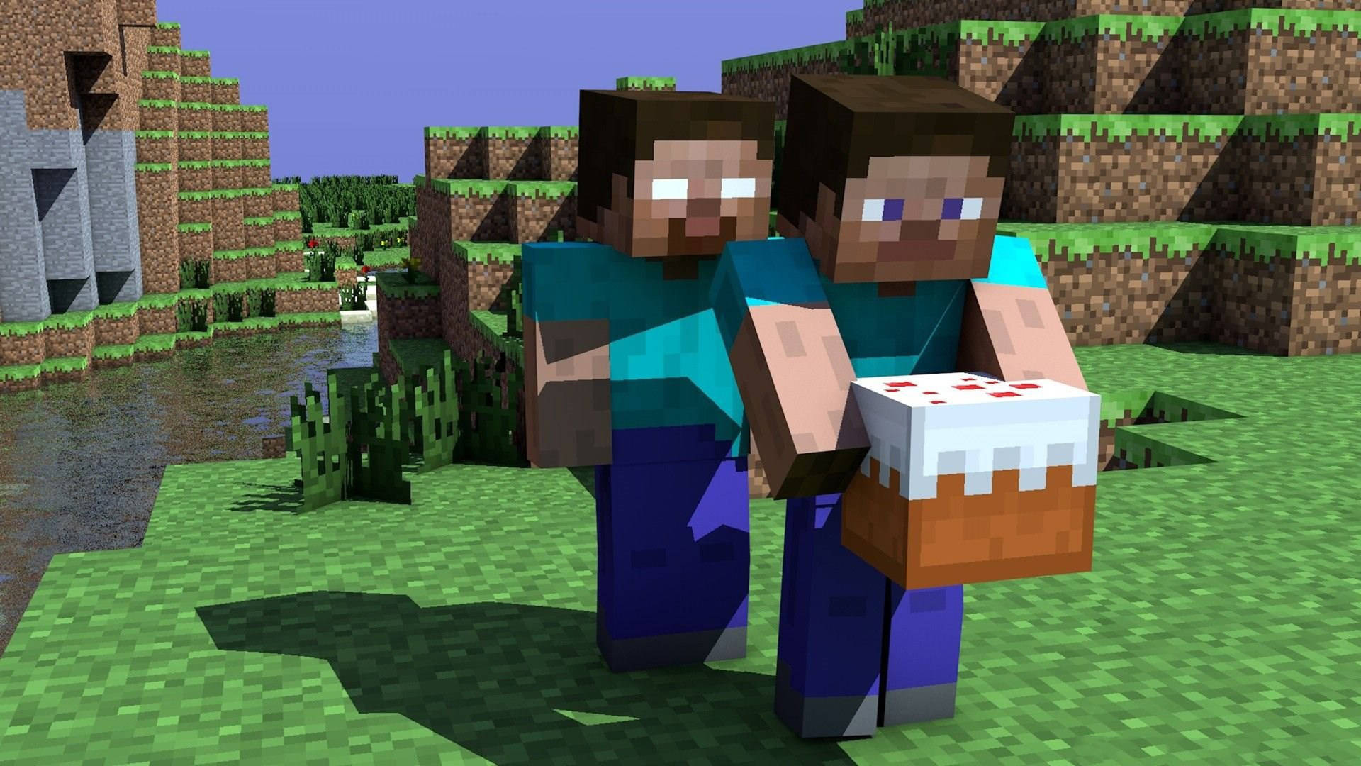 兩個Minecraft角色在草地戶外場景中拿著蛋糕。