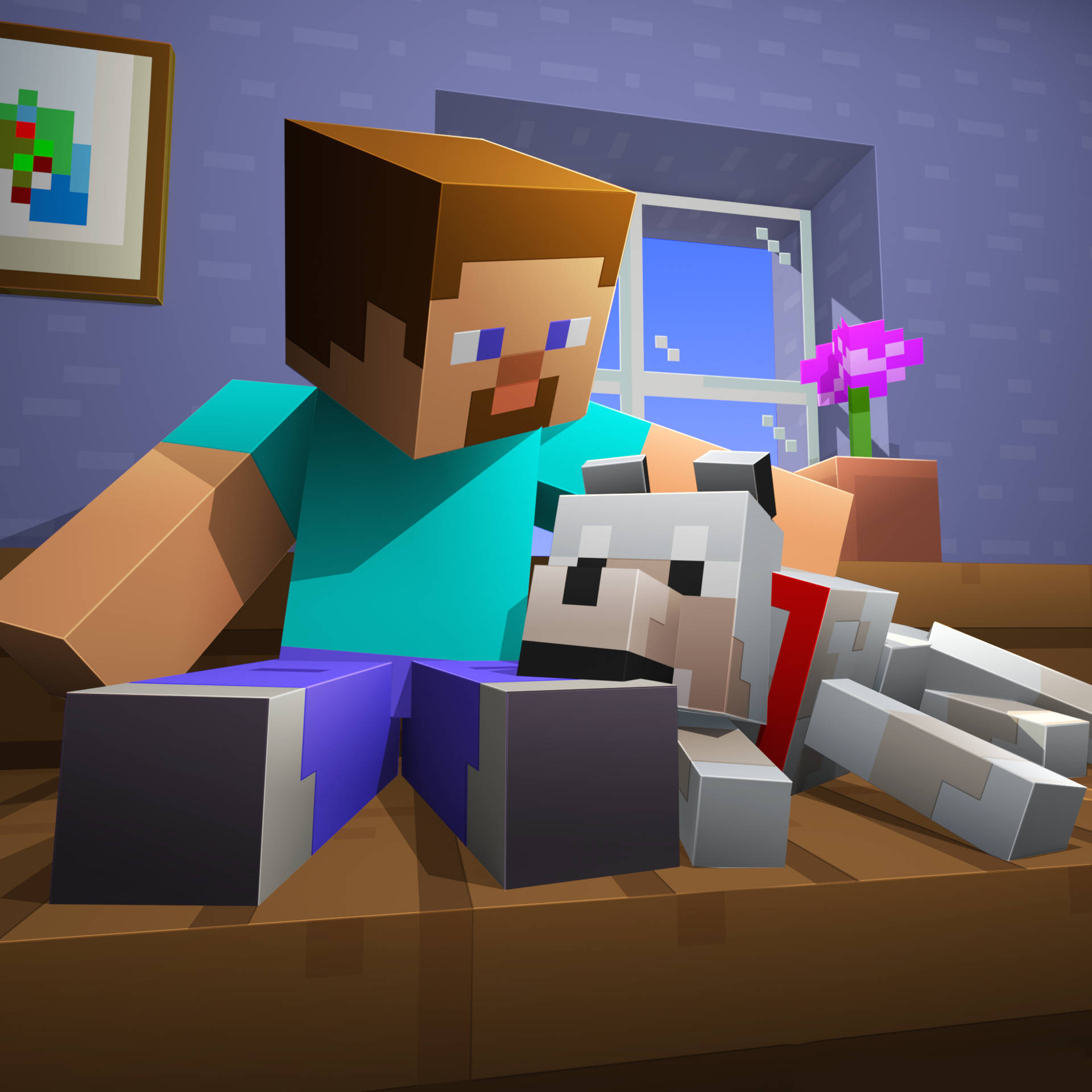 Minecraft角色在一個有窗戶和紫色花朵的像素化房間裡抱著一隻羊。